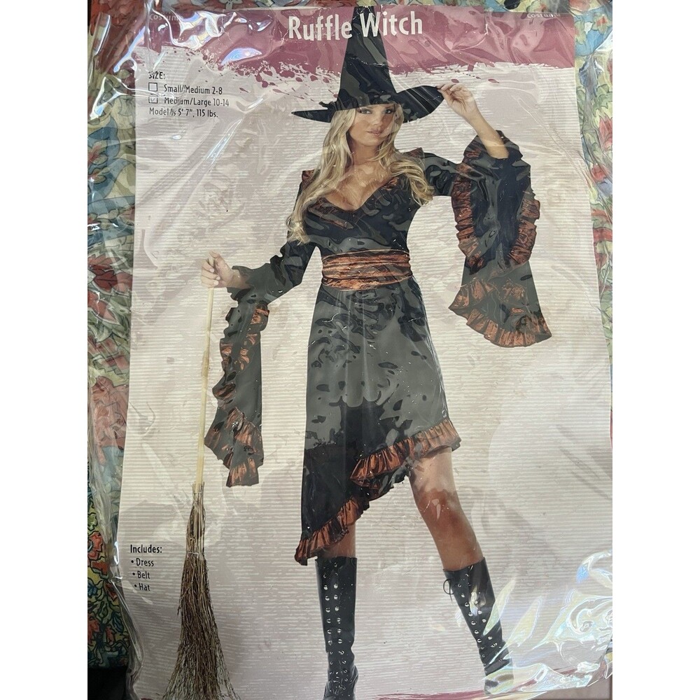 Ruffle Witch Women's Halloween Costume Set Dress Belt Hat - Medium / Large 10-14